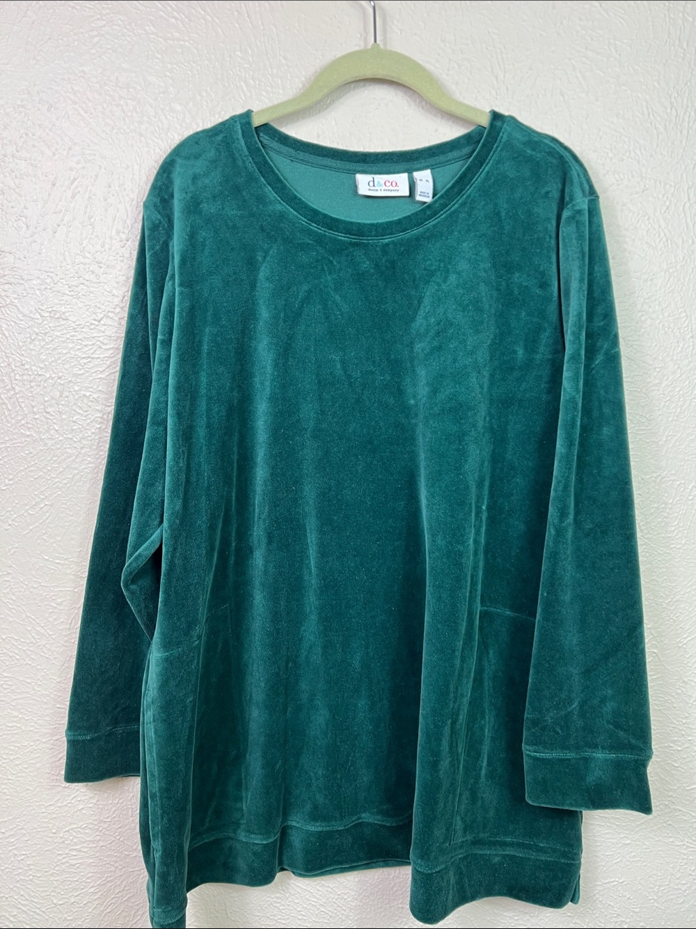 Denim & Co Green Velour Long Sleeve Tunic Top XL